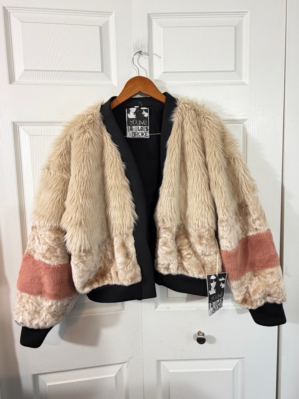 Young Fabulous & Broke London Faux Fur Jacket Cream Pink Med to Large NWT Soft
